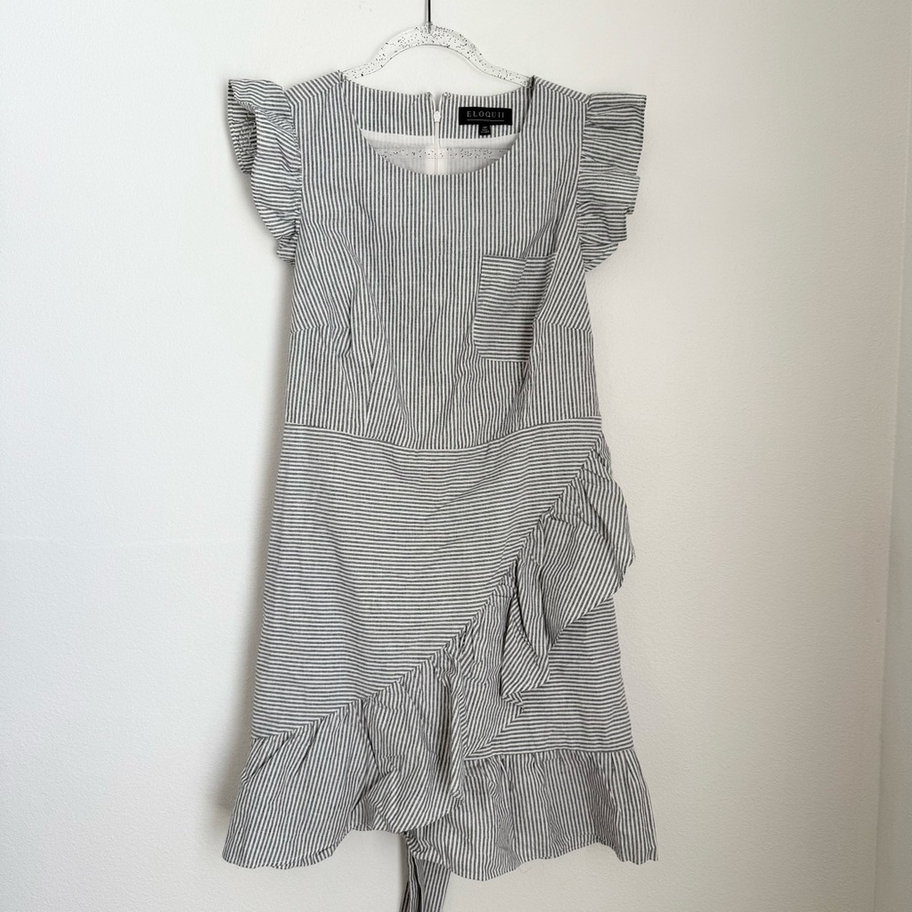 ELOQUII Navy White striped Ruffle Details Mini Dress Casual Summer Size 16P